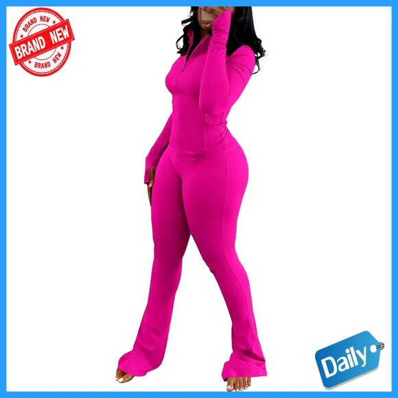 Pants - Long Sleeve Full Zip Crop Jacket Flare Pants Workout Set Pockets